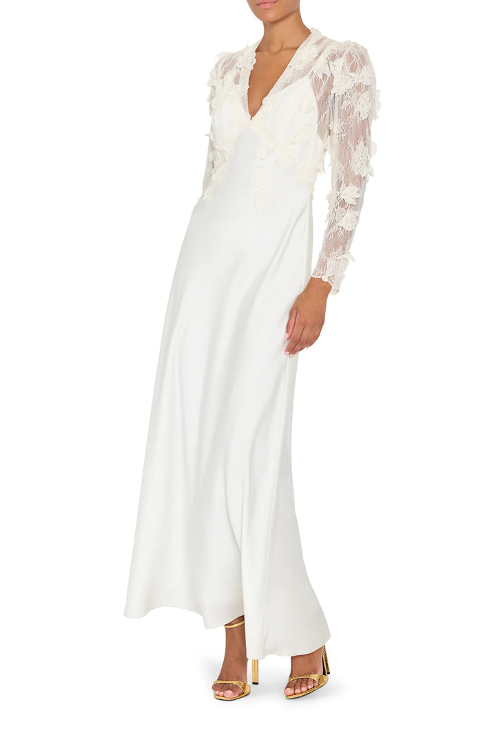 Kyan Long Dress With Lace, a floor-length satin back crepe dress with a deep V-neck, front view on model.