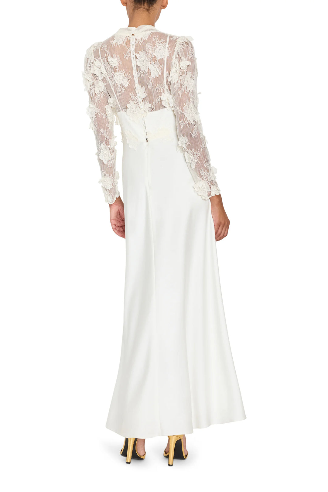 Kyan Long Dress With Lace, featuring a high-neck floral bodice and long sleeves, back view on model.