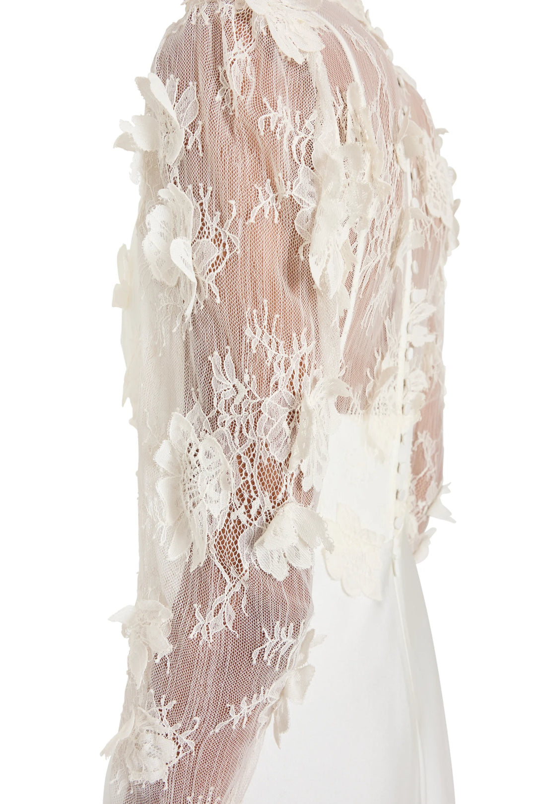 Kyan Long Dress With Lace, a long-sleeved Chantilly lace dress with floral appliqué and button-down back, side view.