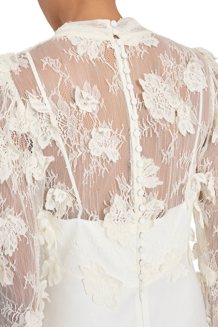 Kyan Long Dress in Chantilly lace, long sleeves, high neck, button-down back in satin back crepe, front view on white.