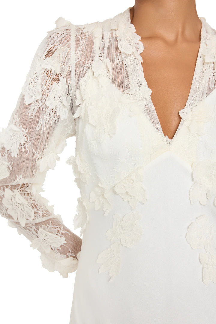 Kyan Long Dress in satin back crepe, V-neck, sheer Chantilly lace panels, floral appliqués, front view on white.