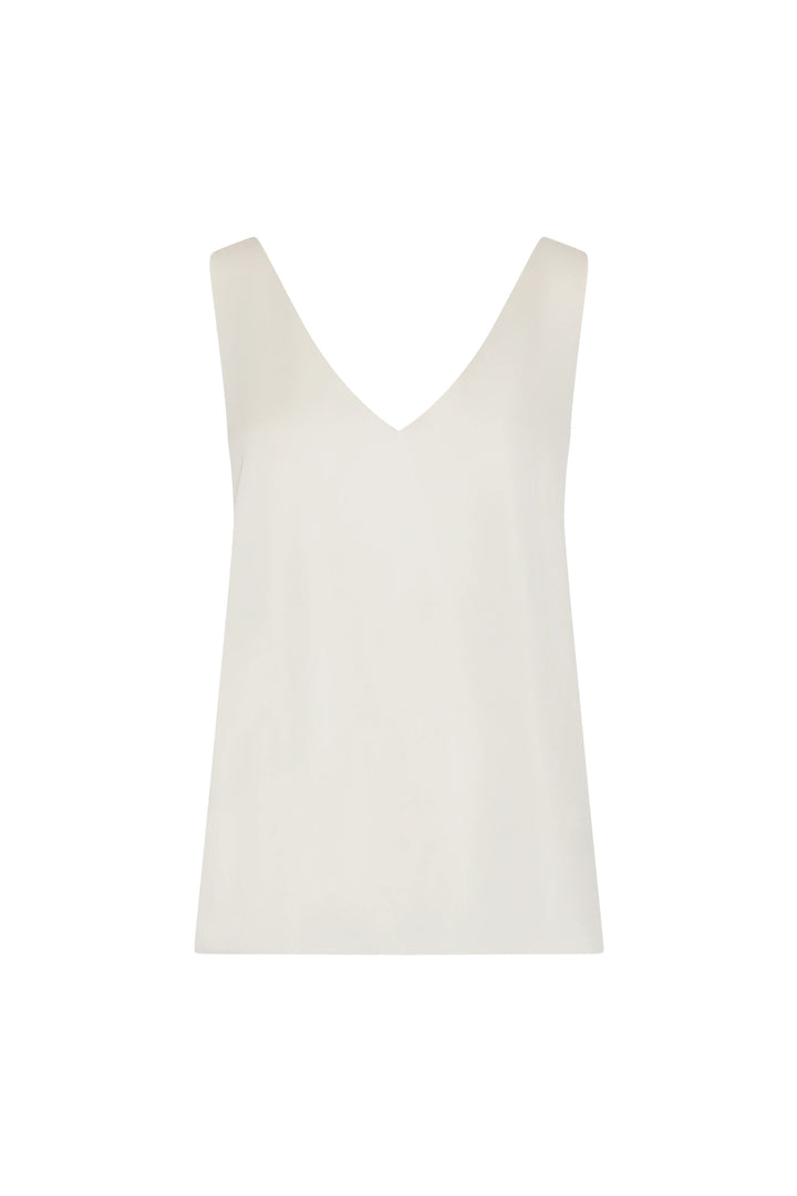 Silk camisole with sleeveless V-neck, clean lines and smooth finish, relaxed silhouette; front view on white.