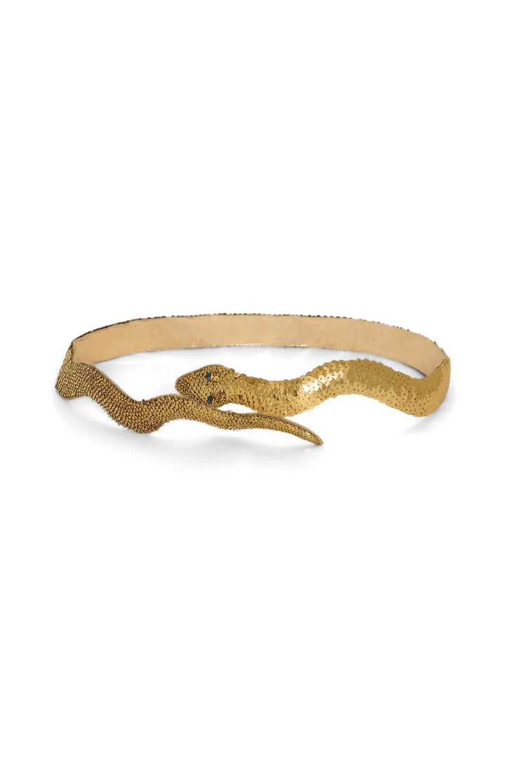 Gold headband with snake design on a white background