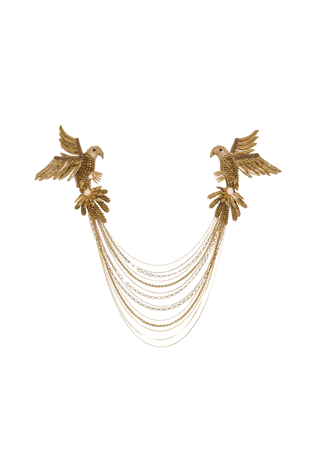 Gold bird-shaped earrings with chain details on a white background