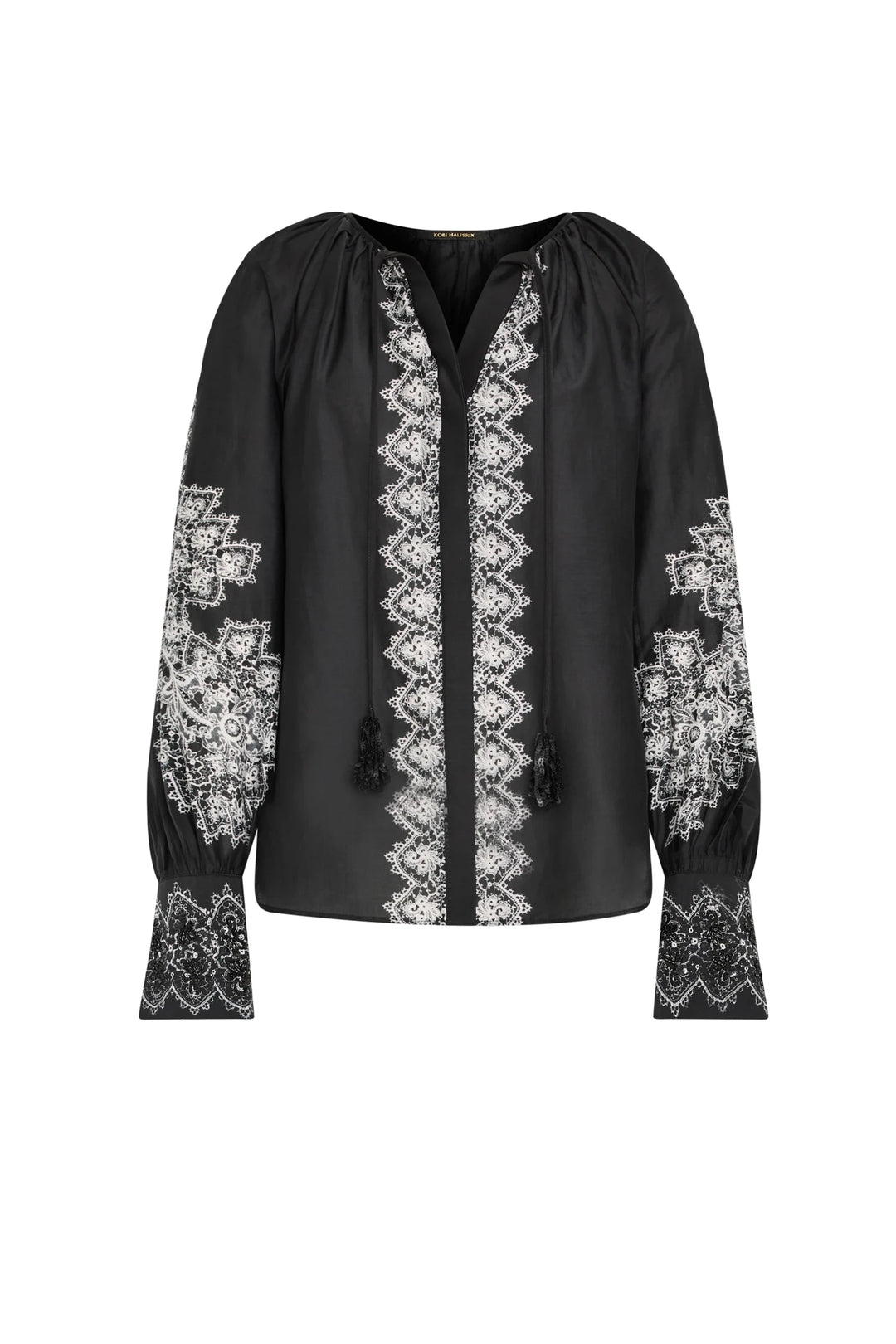 Black silk-cotton blouse with V-neck, wide cuffs, hand embroidery; relaxed silhouette. Front view on white.