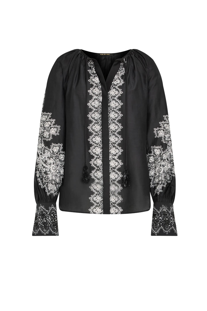 Black silk-cotton blouse with V-neck, wide cuffs, hand embroidery; relaxed silhouette. Front view on white.