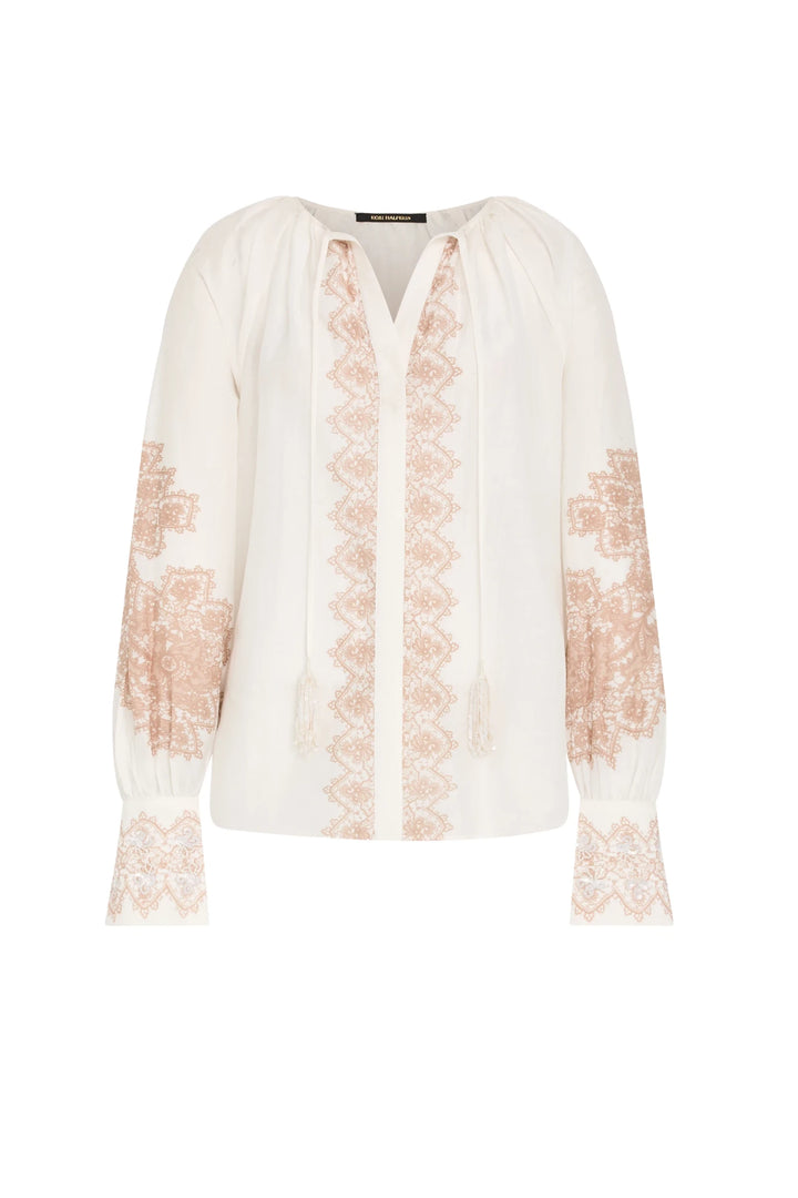 Long-sleeve silk cotton blouse, relaxed fit, hand-embroidered on front, sleeves, and cuffs. Front view on white.