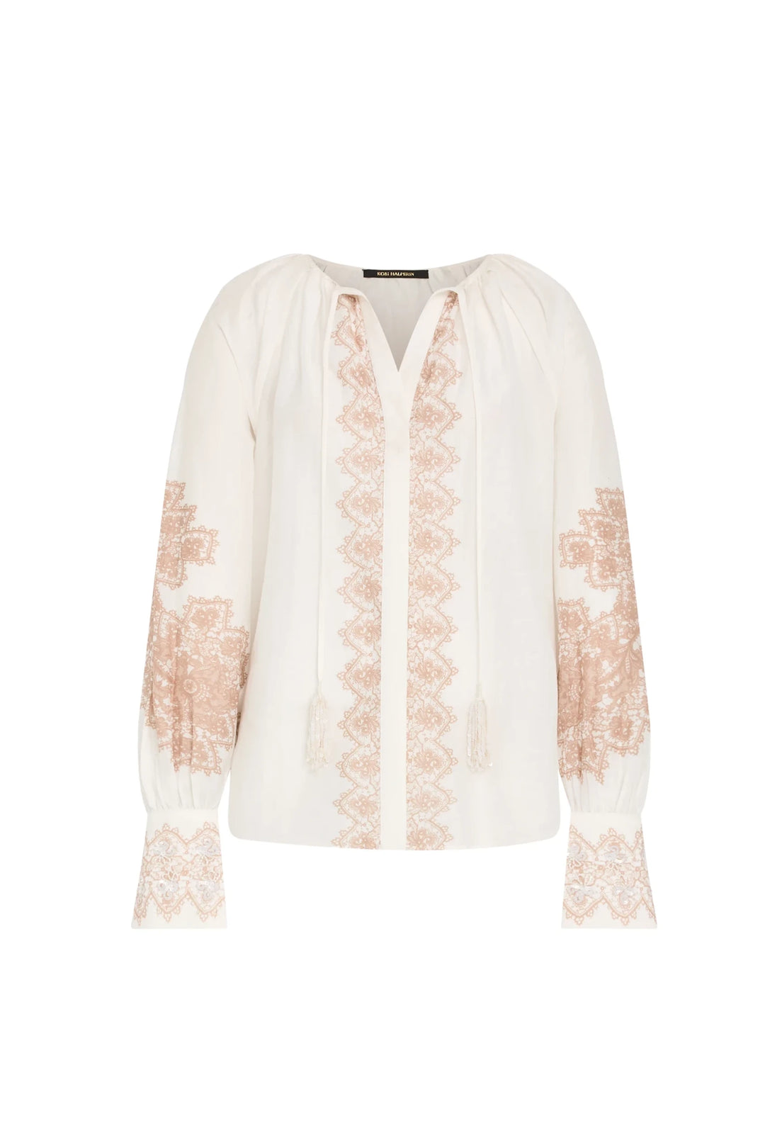 Relaxed-fit silk cotton blouse with V-neck, peach embroidery, tassel ties, embroidered sleeves; front view on white.