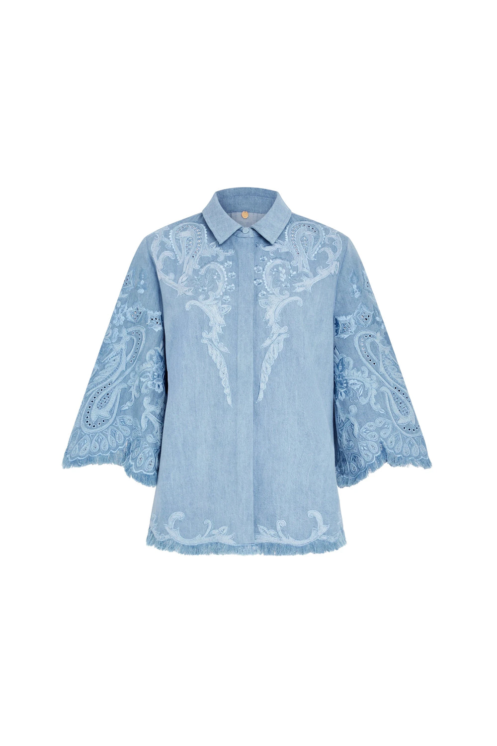 Light blue cotton blouse with paisley embroidery, wide three-quarter sleeves, relaxed silhouette; front view on white.