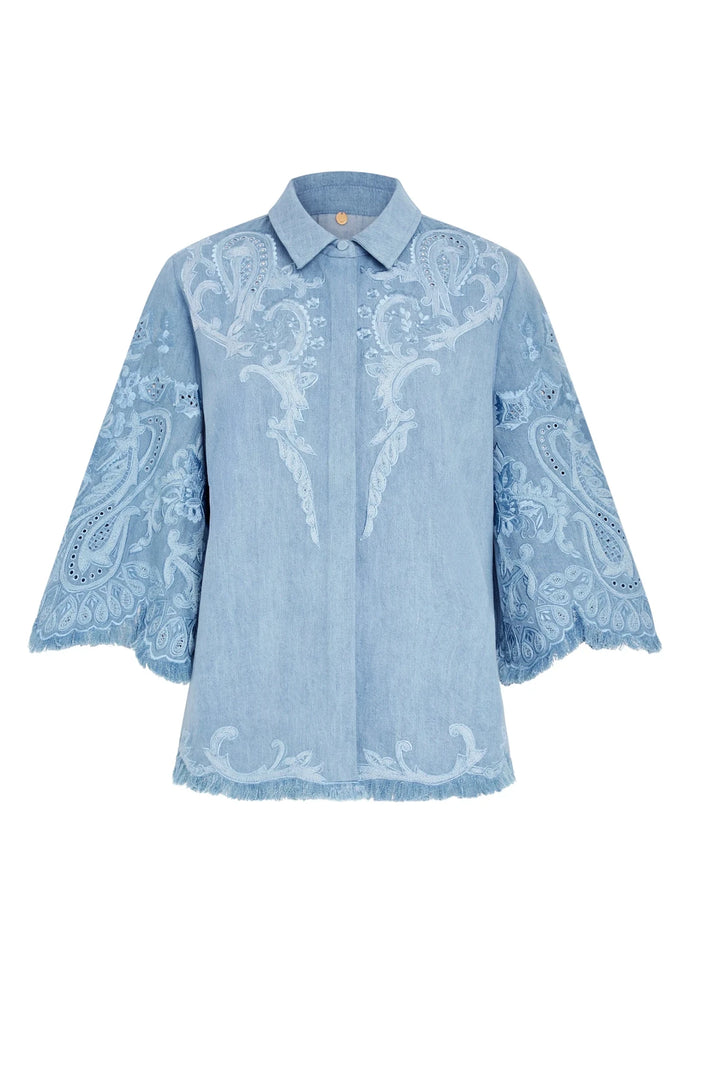 Boxy cotton blouse, artisan embroidery, scalloped edges, wide 3/4 sleeves, button front; front view on white.