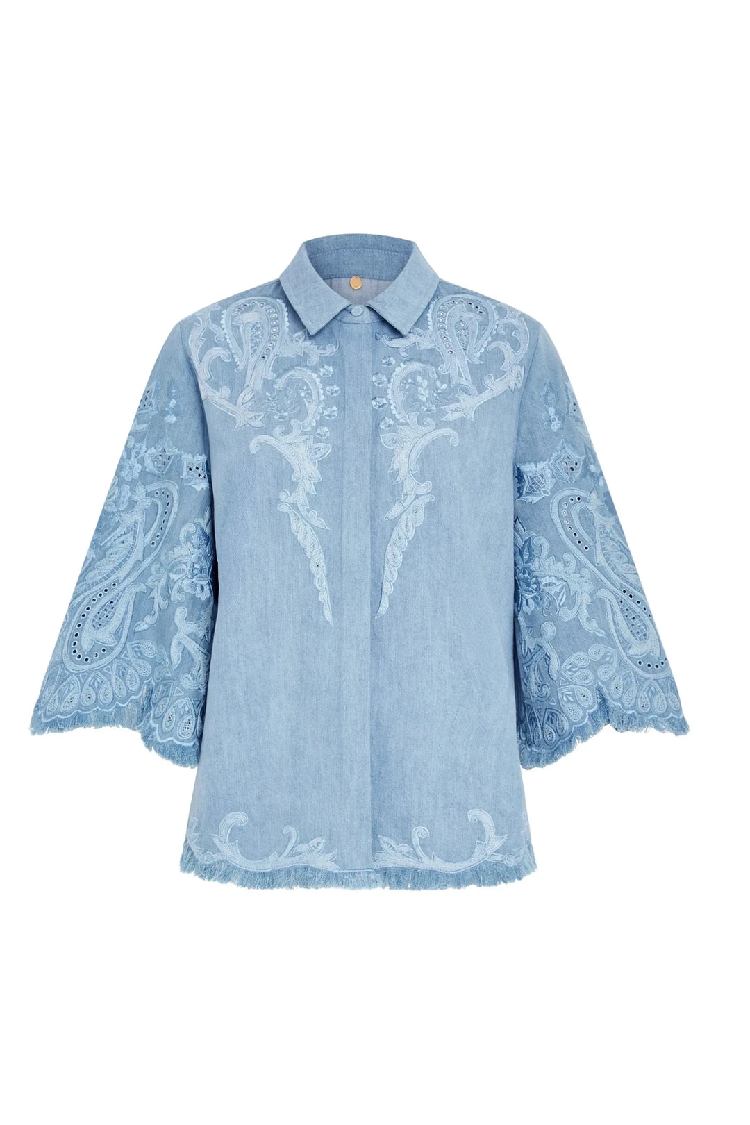 Light blue cotton blouse, hand-embroidered, wide 3/4 sleeves, frayed hem, button-up collar; front view on white.