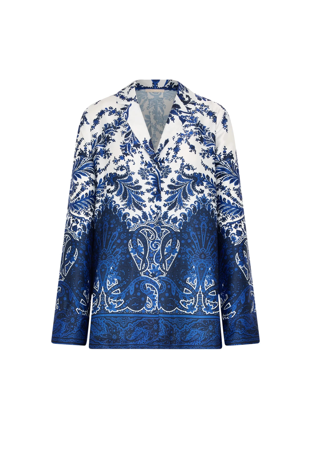 Long sleeve blouse with relaxed silhouette, button front, and soft cotton; blue and white paisley. Front view on white.