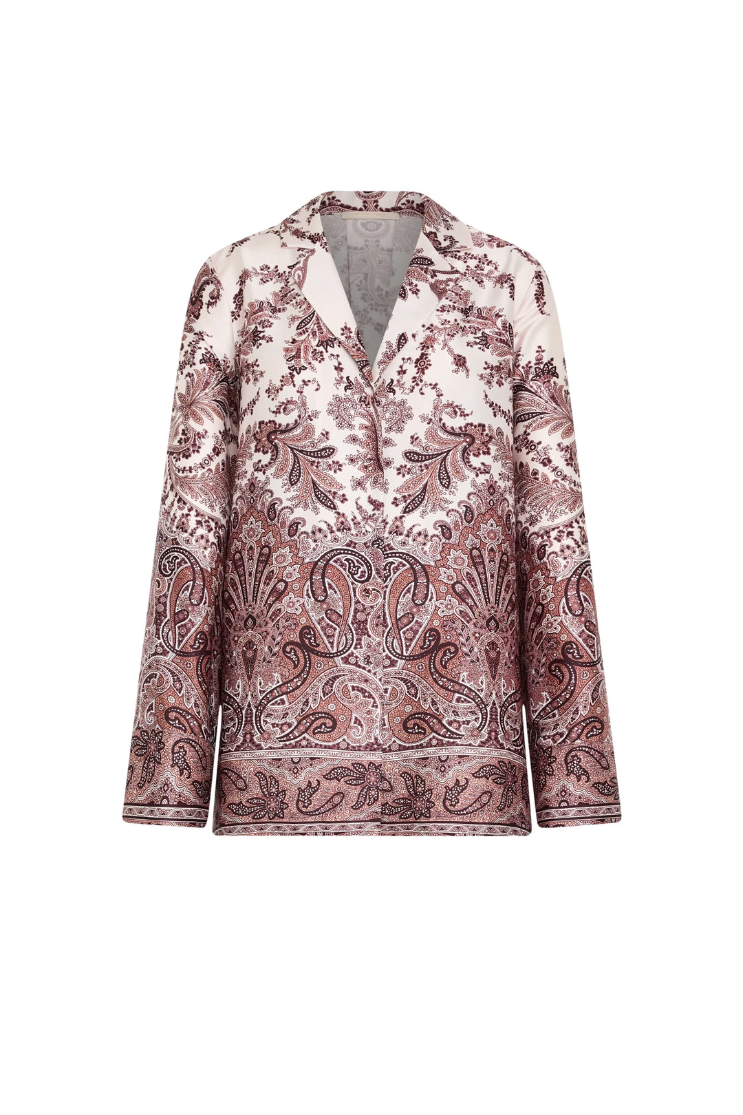 Long-sleeve collared v-neck blouse in twill with paisley print, relaxed fit, button front. Front view on white.