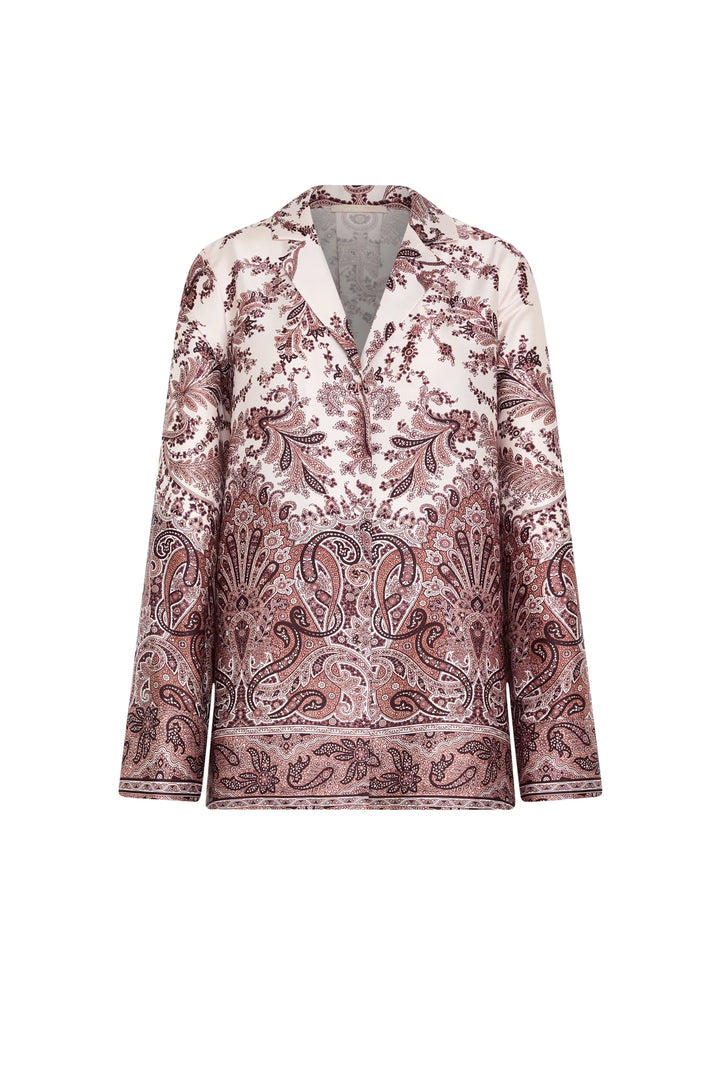 Long-sleeve collared v-neck blouse in twill with paisley print, relaxed fit, button front. Front view on white.