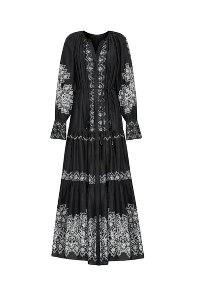 Lauryn Long Cotton Silk Dress W Embroide Black | Kobi Halperin