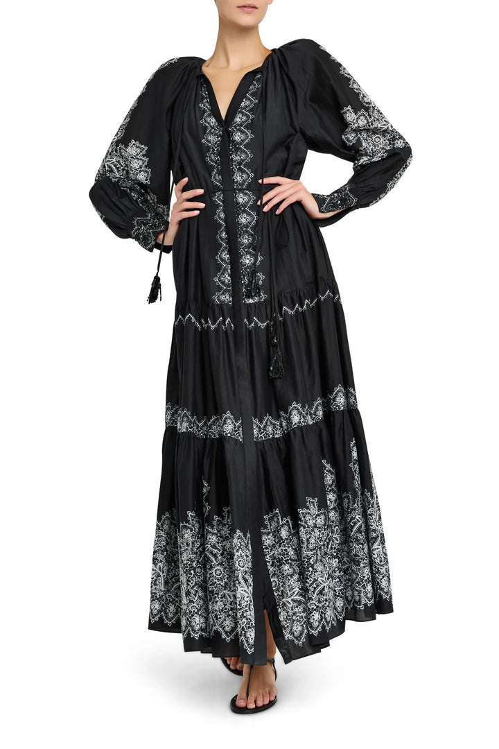 Long cotton-silk maxi dress, white embroidery, tie waist, long sleeves. Front view on white.