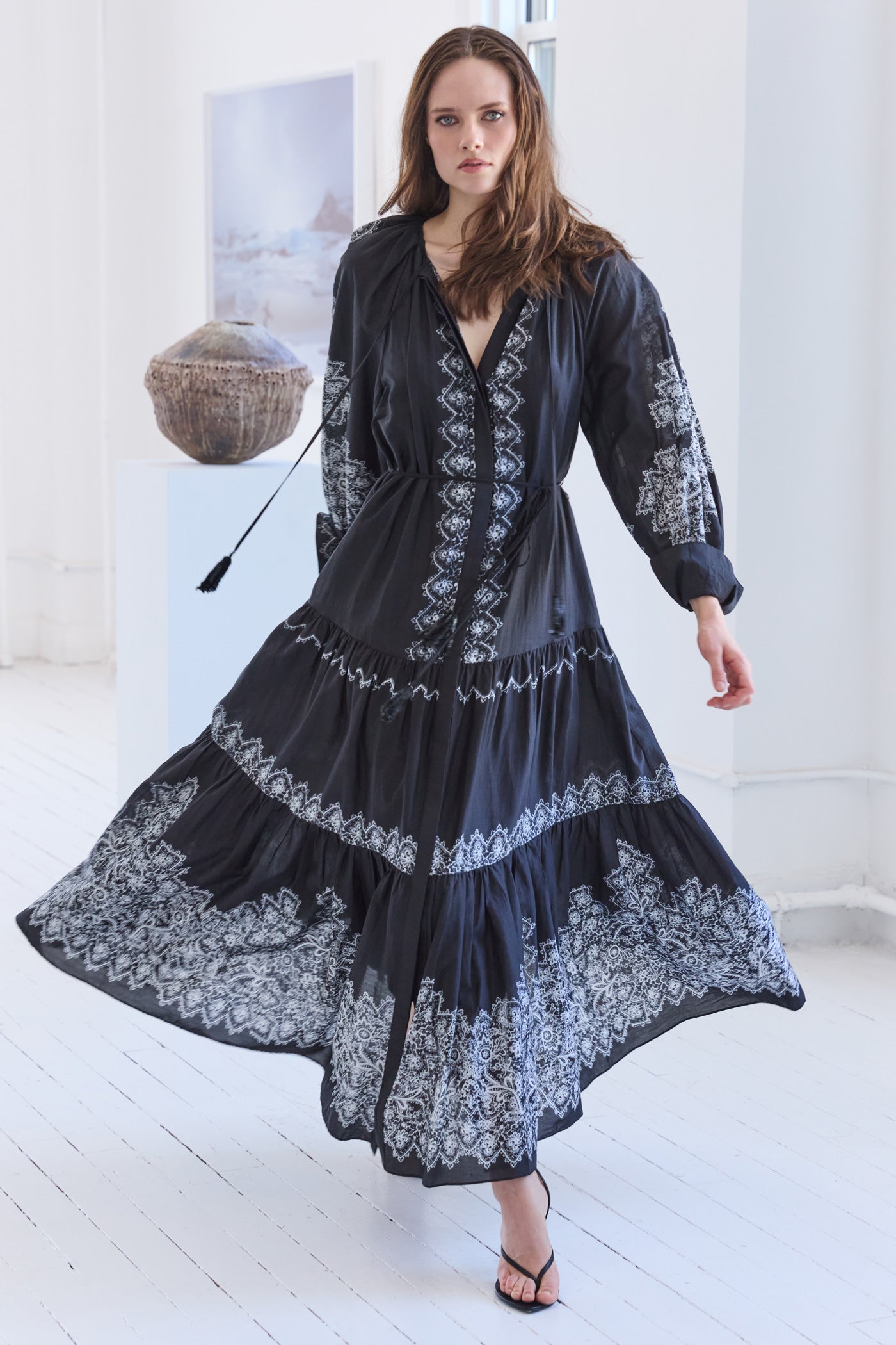 Lauryn Long Cotton Silk Dress W Embroide Black | Kobi Halperin