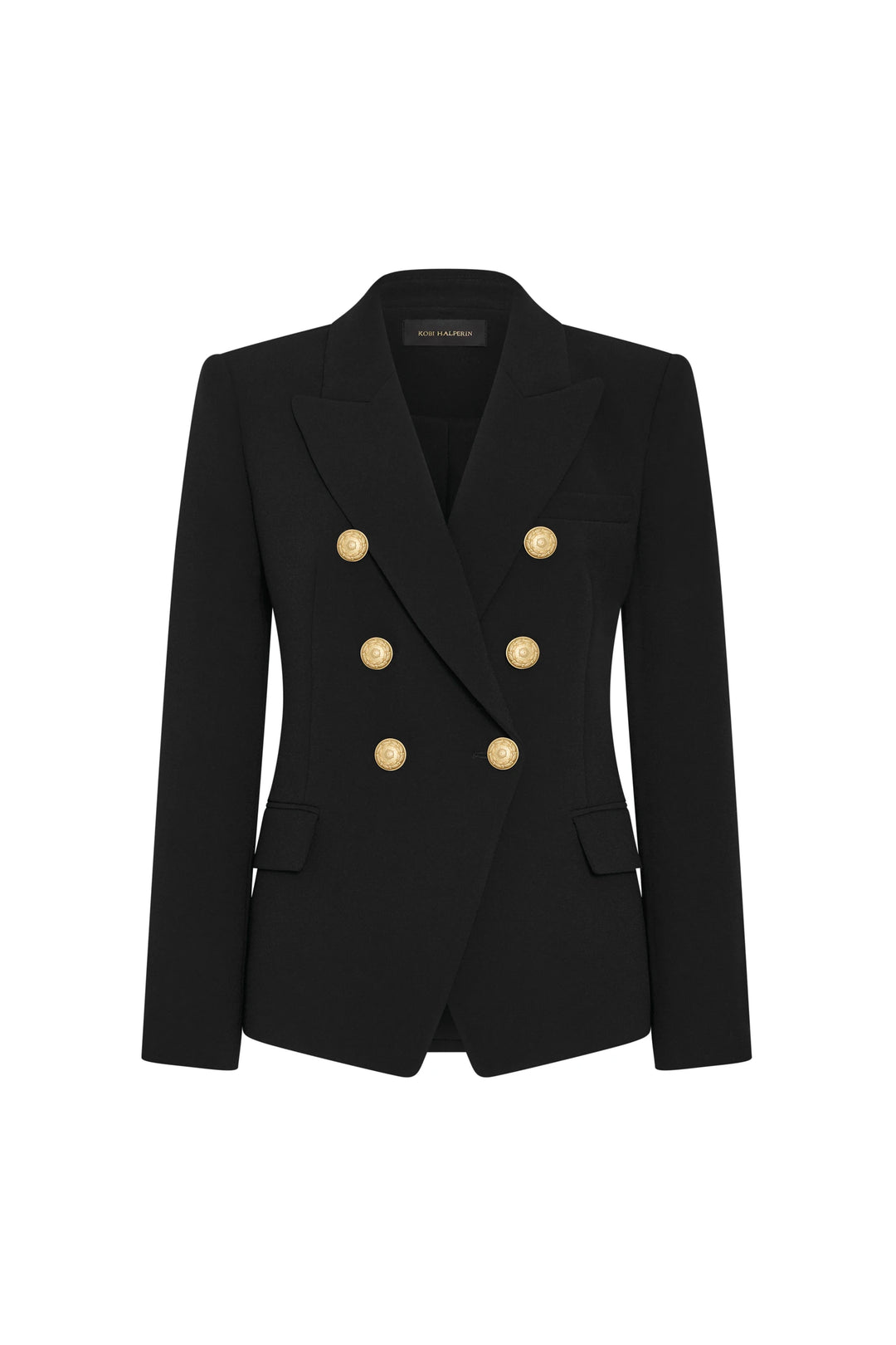 Black blazer with gold buttons on a white background