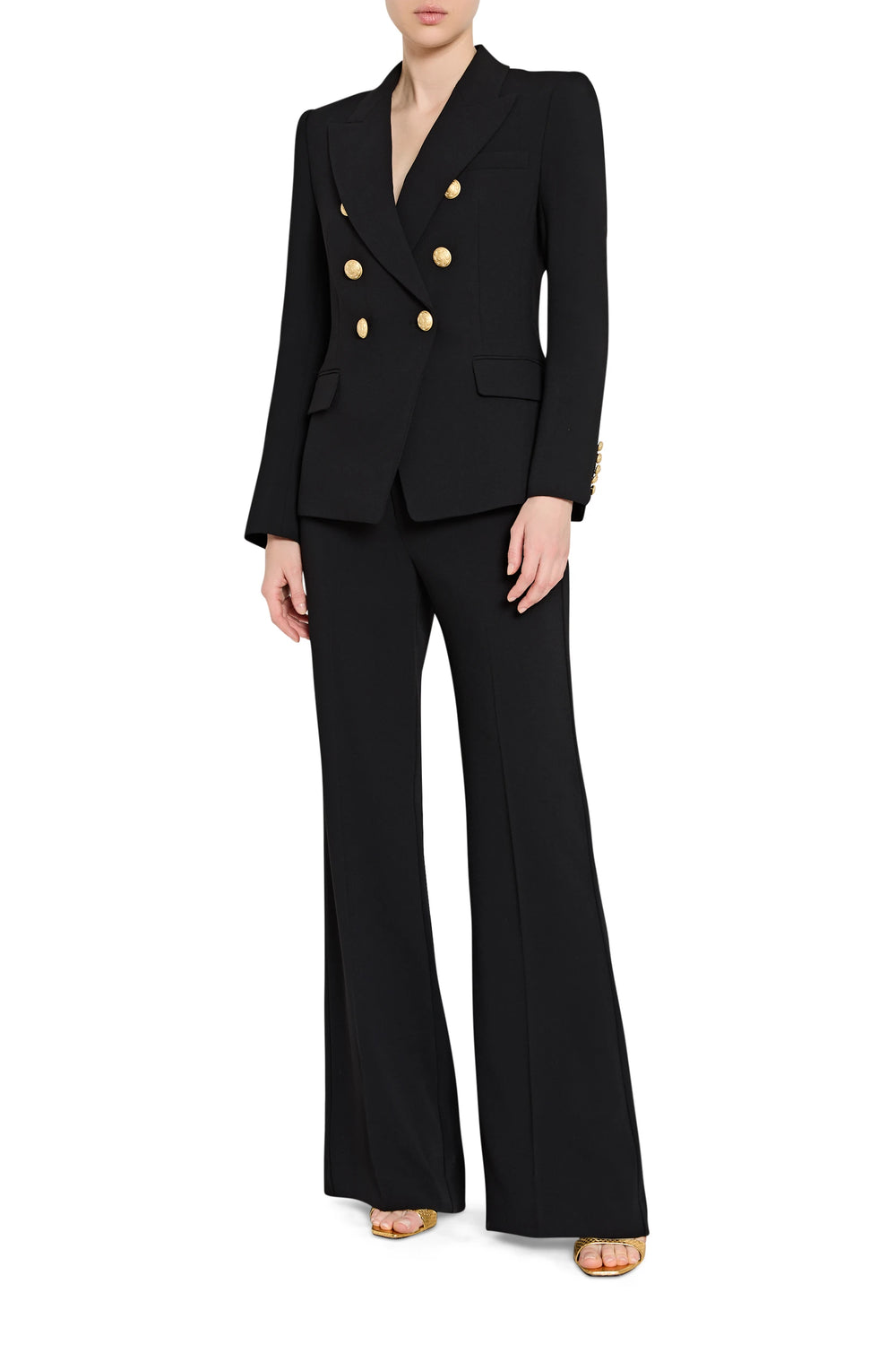 Black suit with gold buttons on a white background