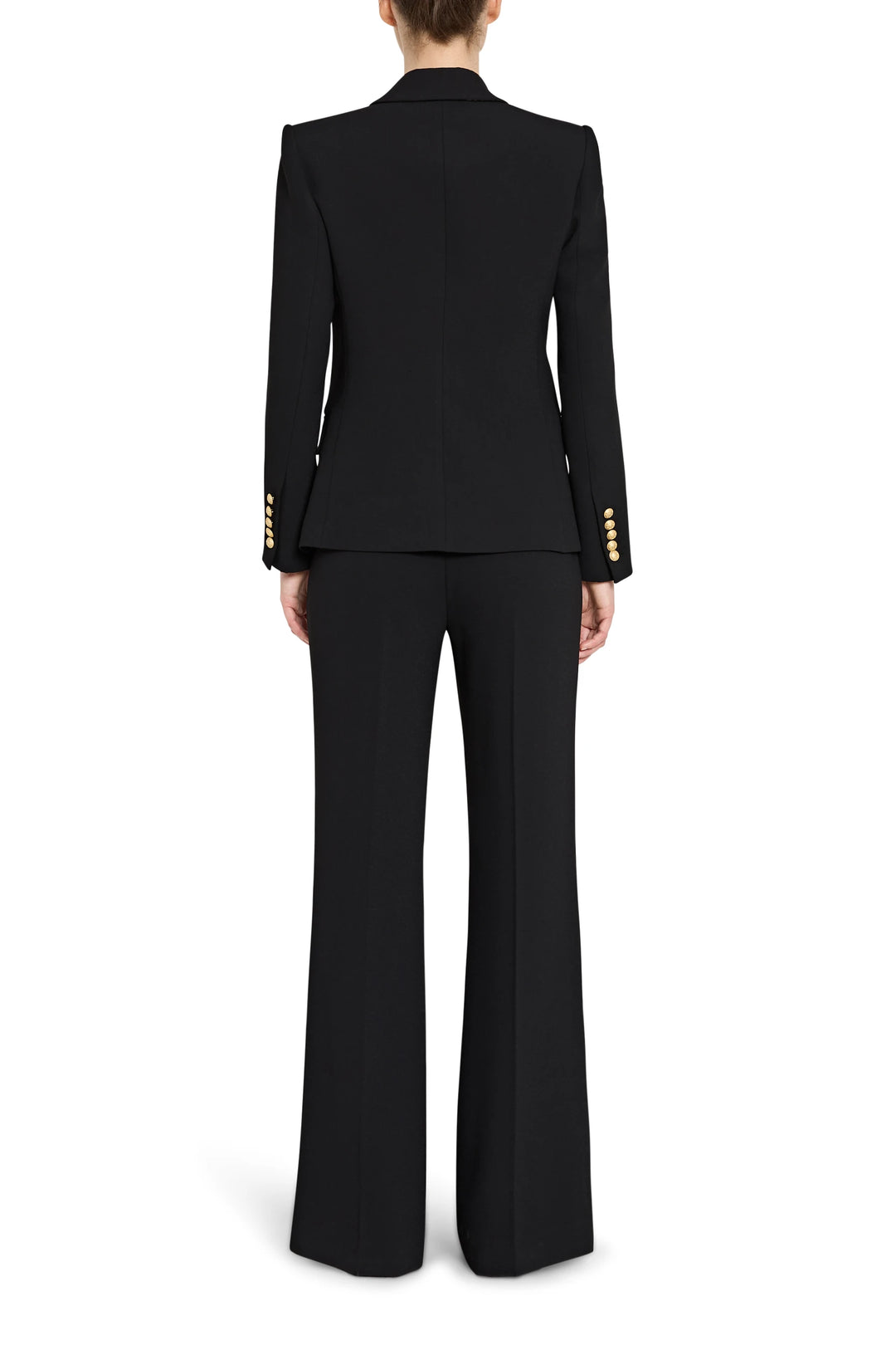 Black suit with gold buttons on a white background
