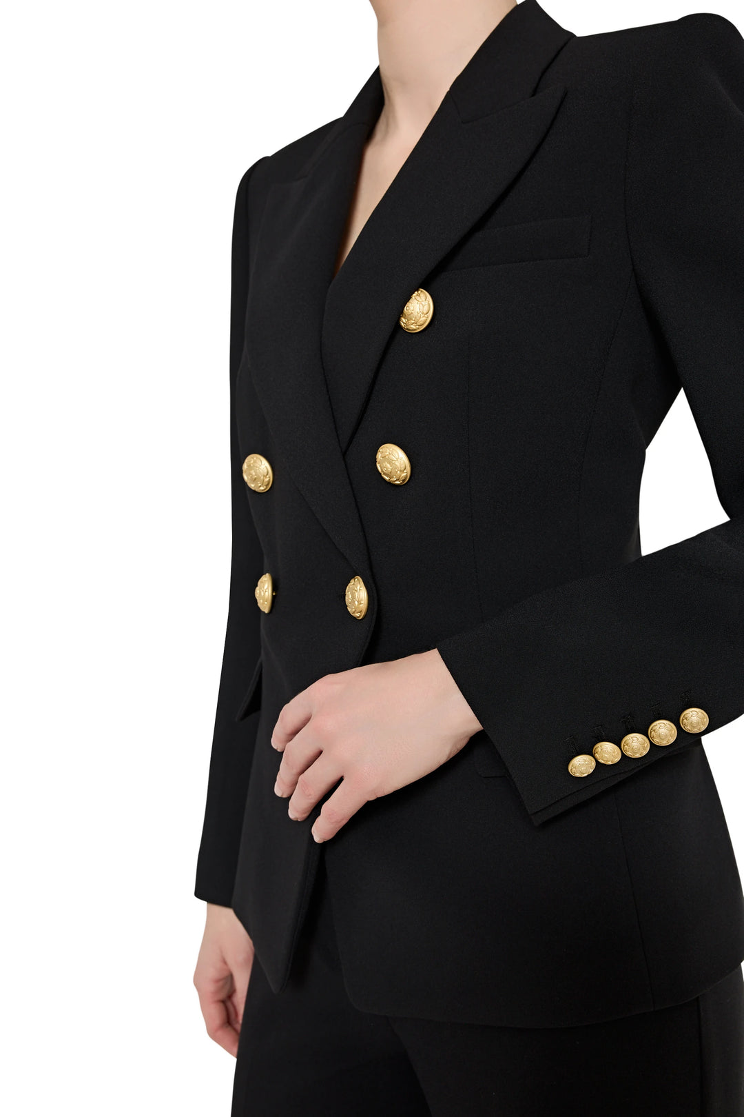 Black blazer with gold buttons on a white background