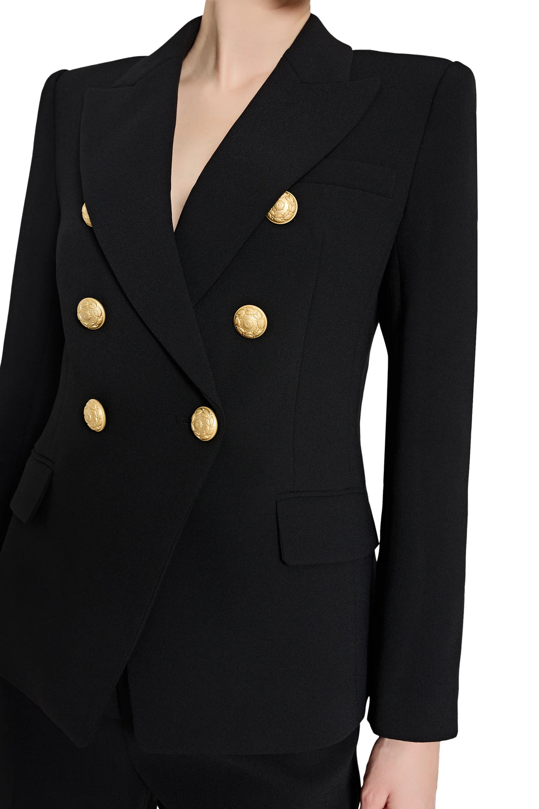 Black blazer with gold buttons on a white background