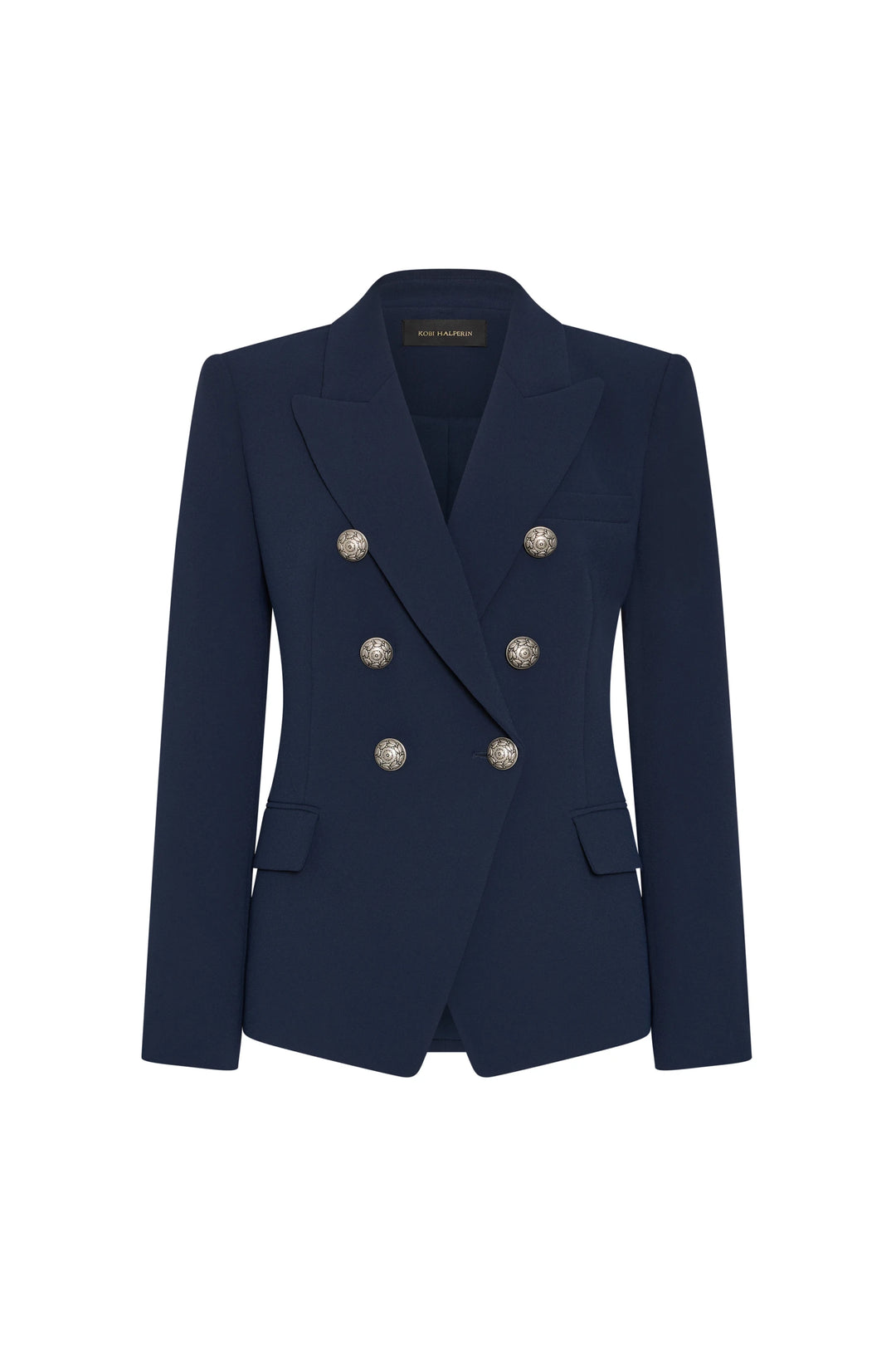 Navy blue blazer with silver buttons on a white background