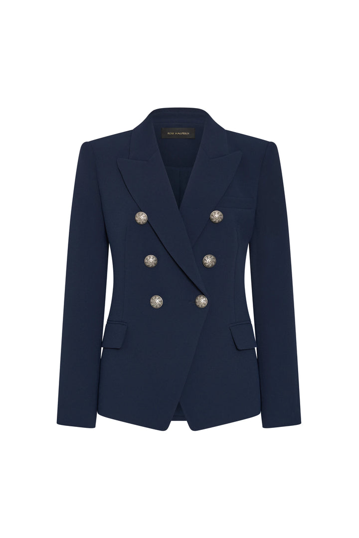 Navy blue blazer with silver buttons on a white background