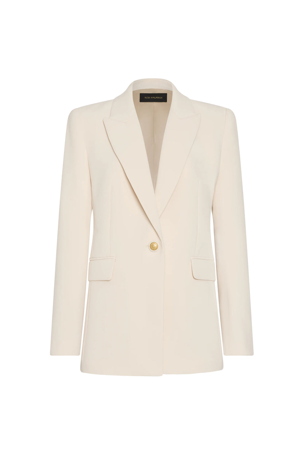 White blazer with a gold button on a white background