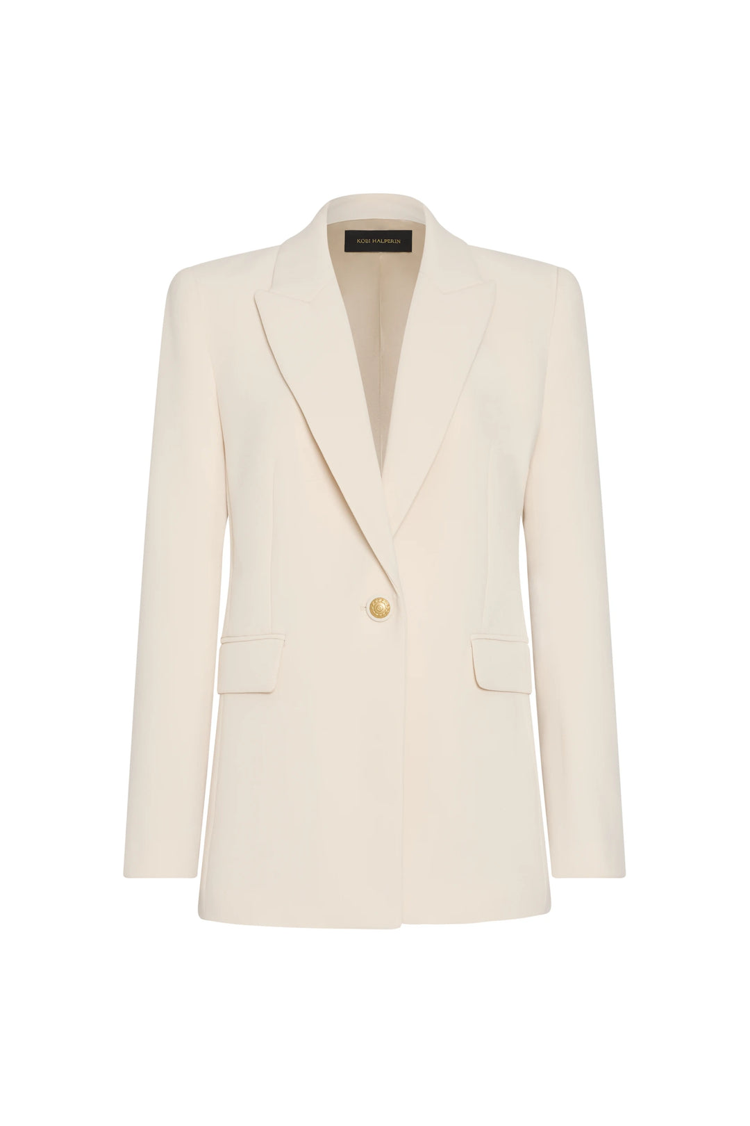 White blazer with a gold button on a white background