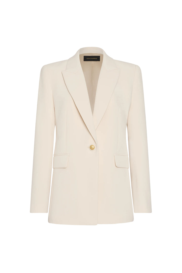 White blazer with a gold button on a white background