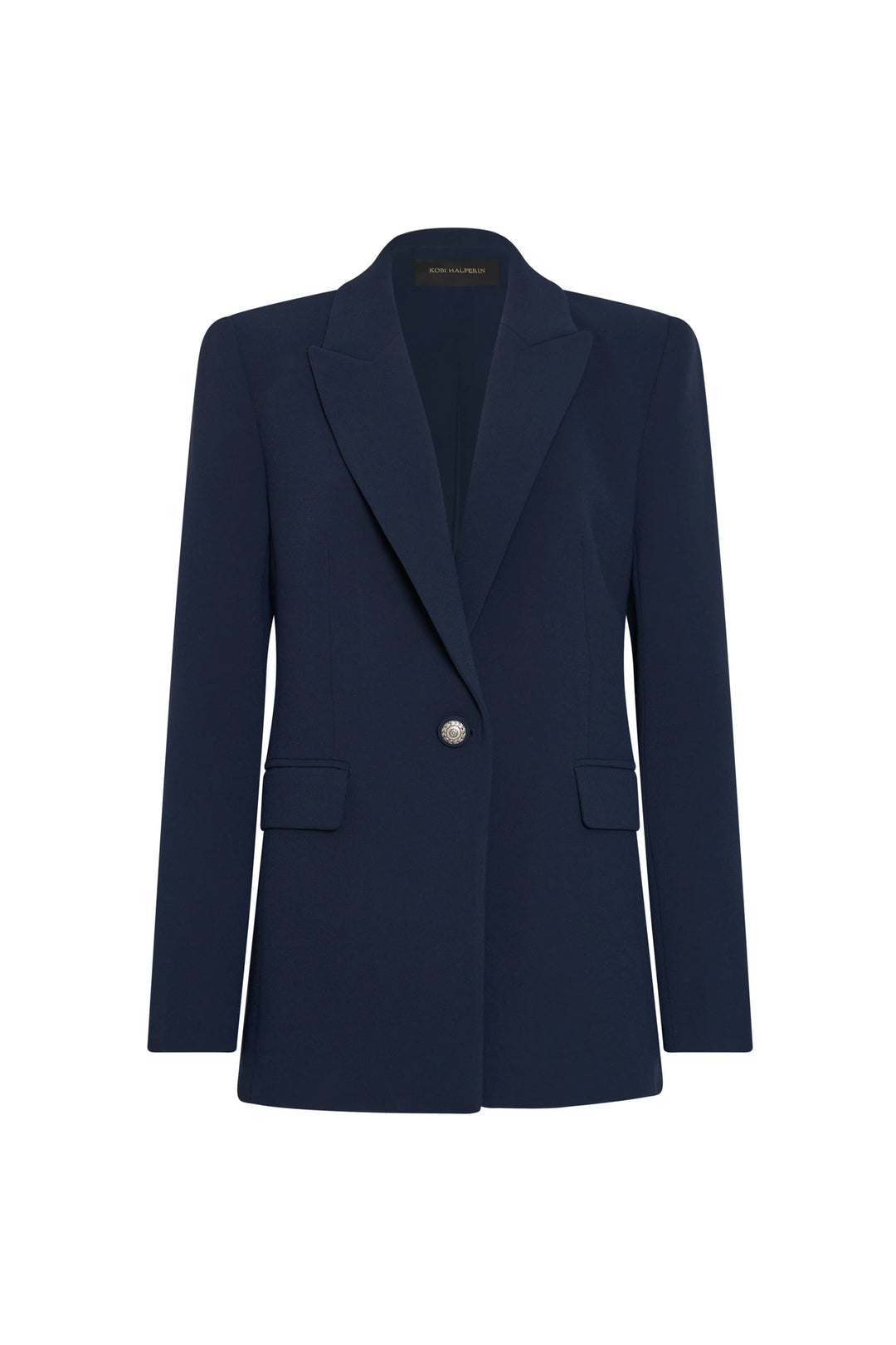 Navy blue blazer with a single button on a white background