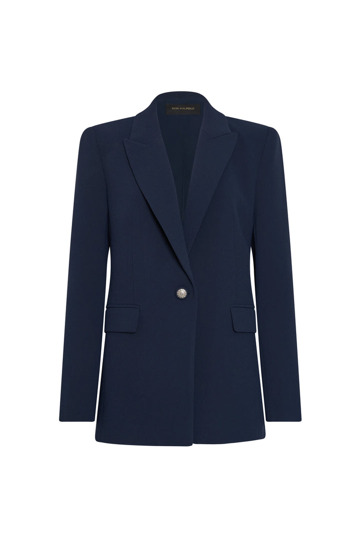 Navy blue blazer with a single button on a white background