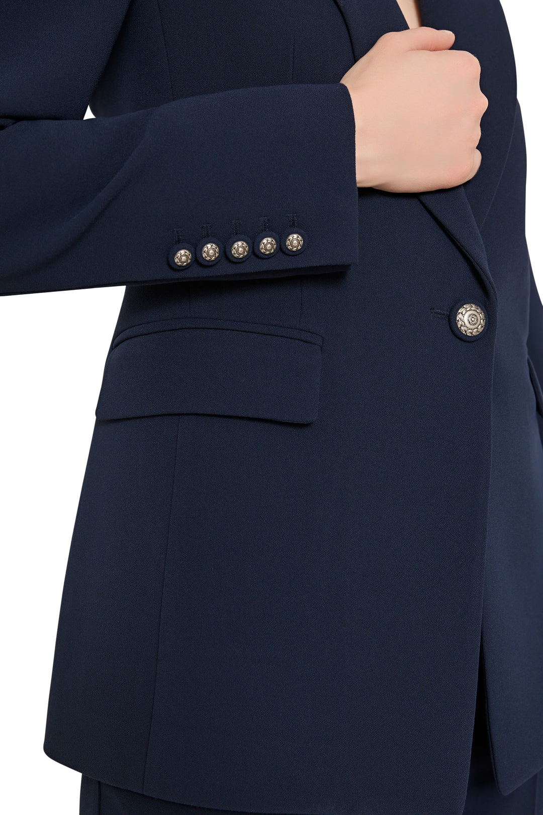 Navy blue suit jacket with silver buttons on a white background