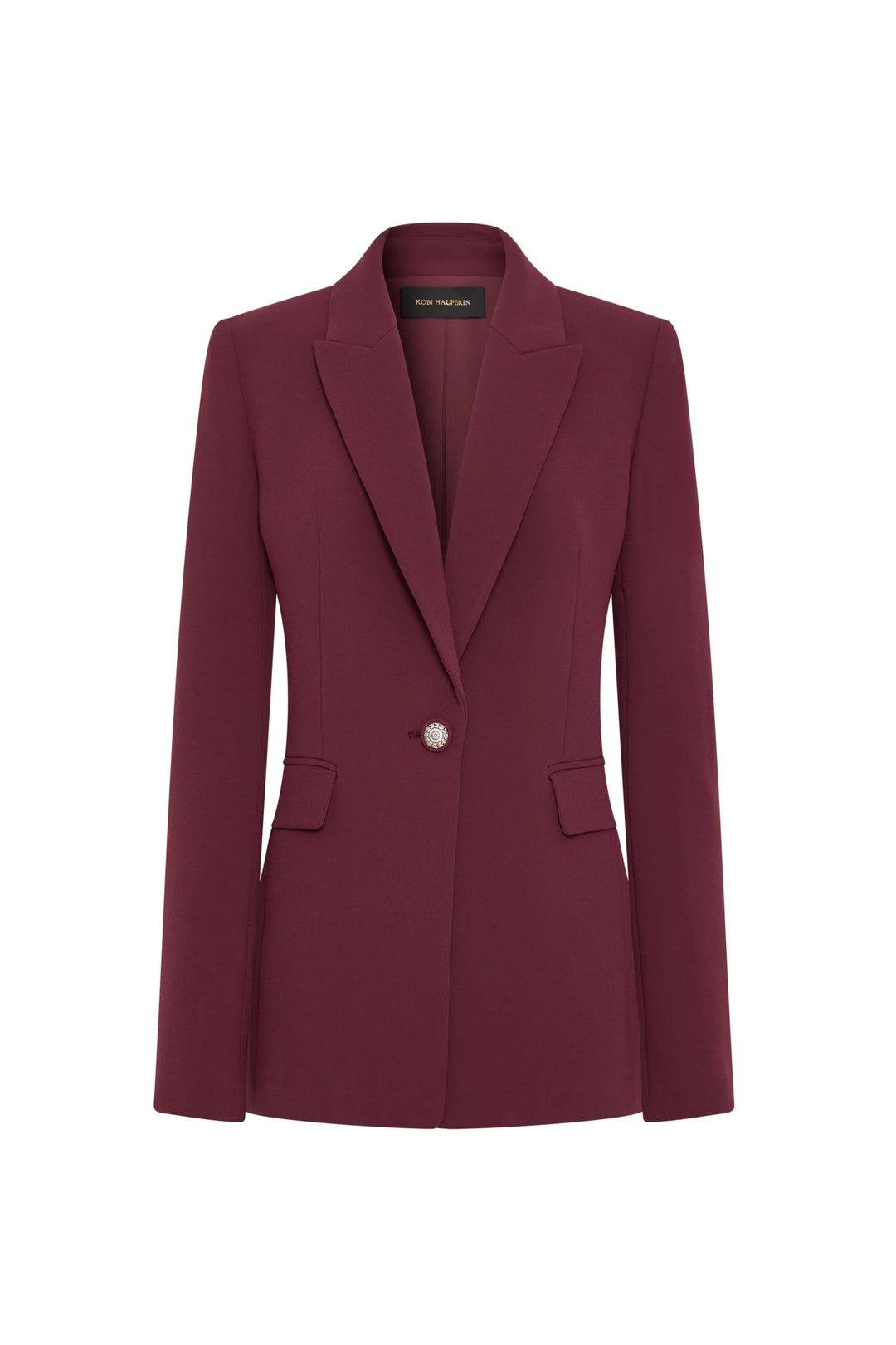 Tailored crepe blazer with elongated silhouette, single button closure, front flap pockets. Front view on white.