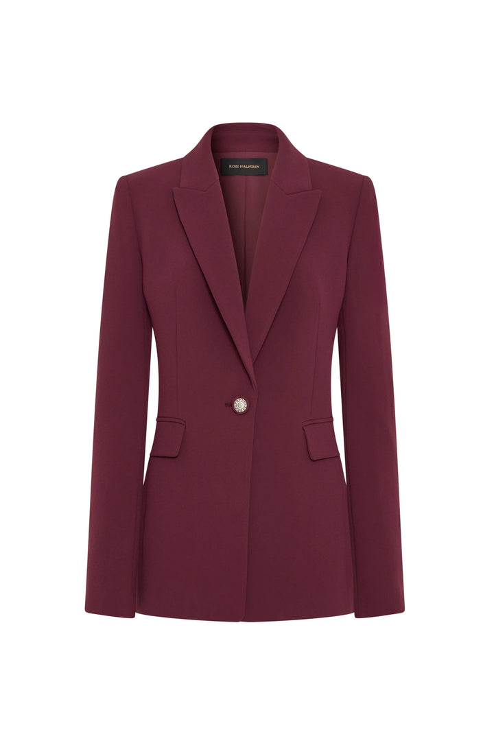 Tailored crepe blazer with elongated silhouette, single button closure, front flap pockets. Front view on white.