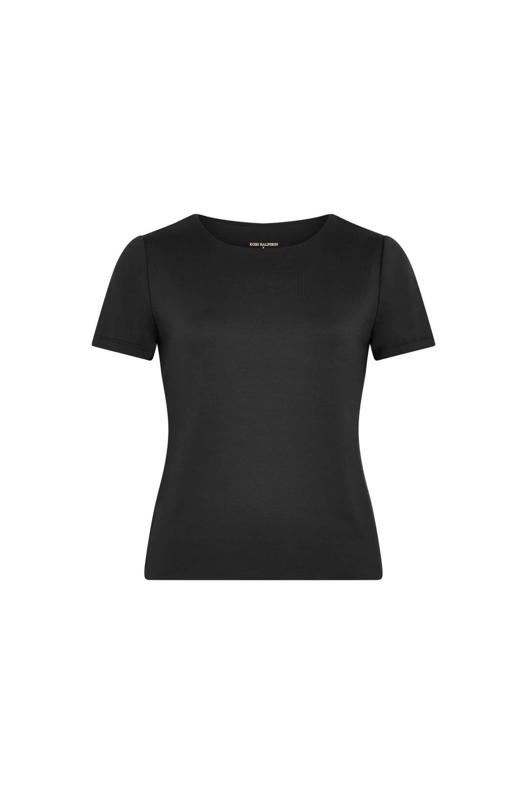 Fitted knit t-shirt with round neck, short sleeves; plain finish and smooth fabric. Front view on white.