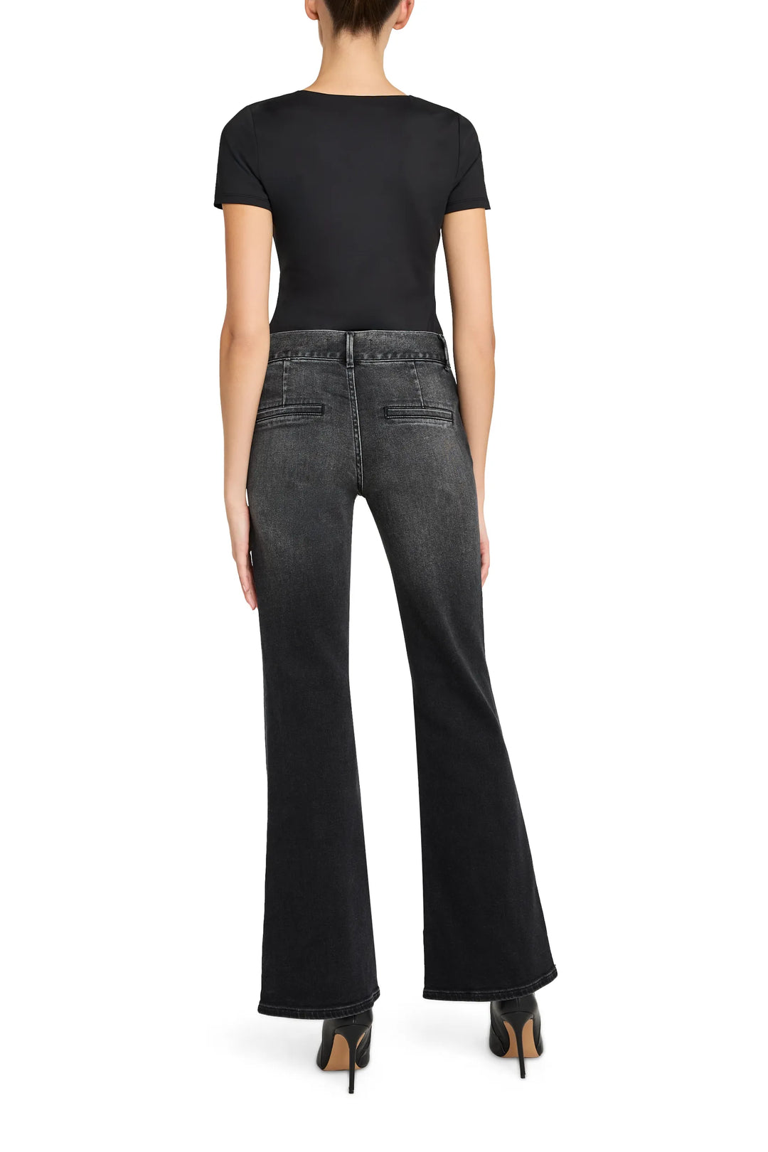 Fitted knit tee with short sleeves and crew neck in soft stretch fabric, back view on model.