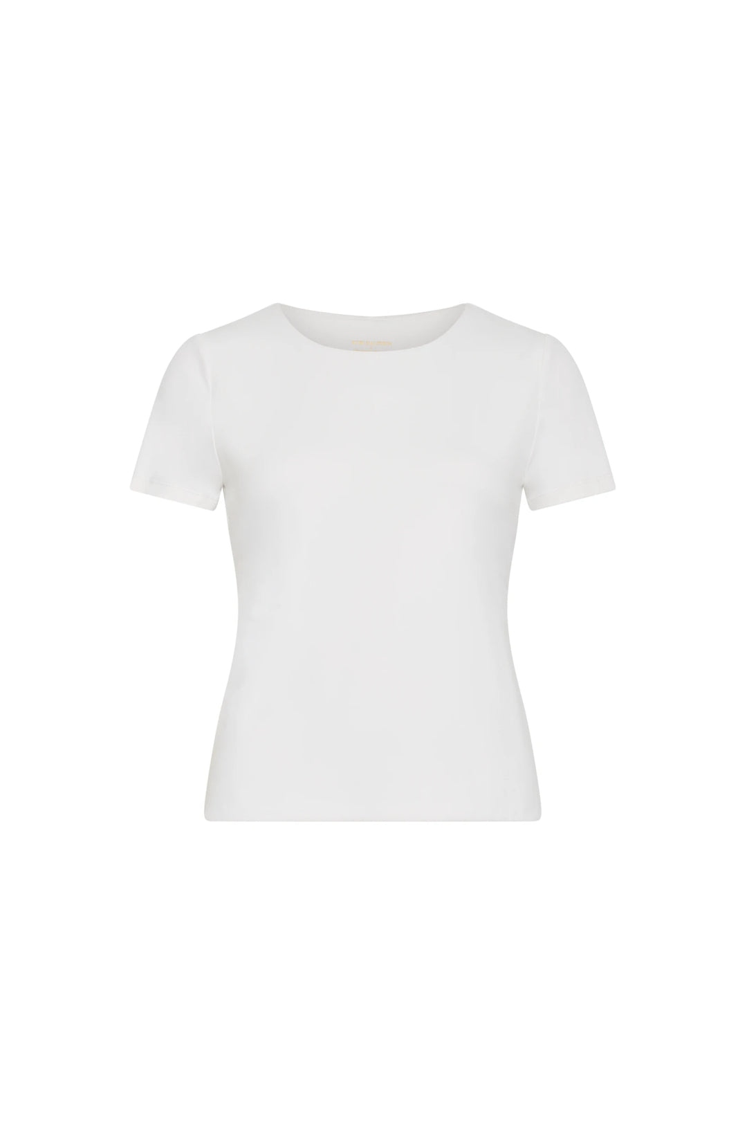 Short-sleeve nylon jersey tee with round neck, fitted silhouette, fine knit construction; front view on white.