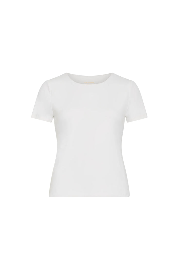 Short-sleeve nylon jersey tee with round neck, fitted silhouette, fine knit construction; front view on white.