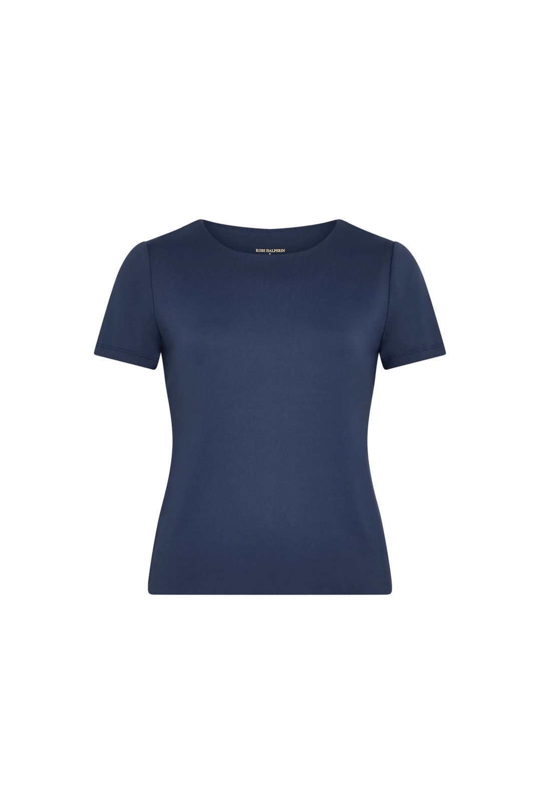 Fitted knit t-shirt with short sleeves, round neck, smooth silhouette and fine cotton construction, front view on white.