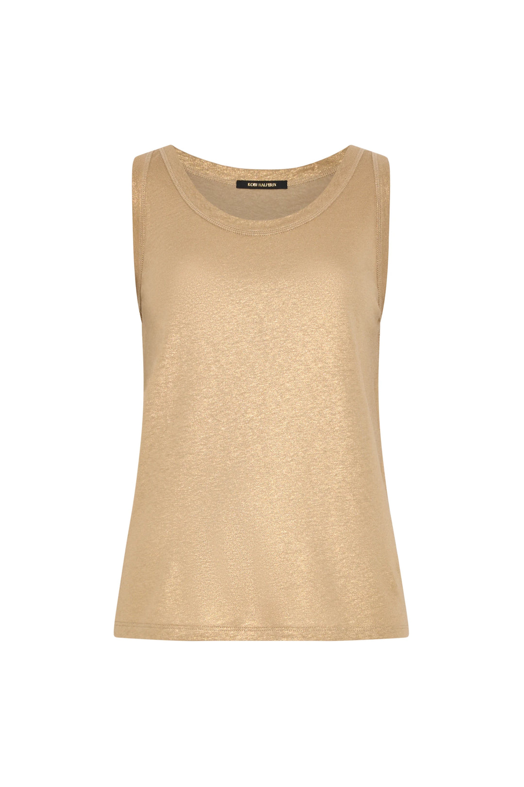 Sleeveless knit tank with round neck, metallic finish, fitted silhouette in foil fabric. Front view on white.