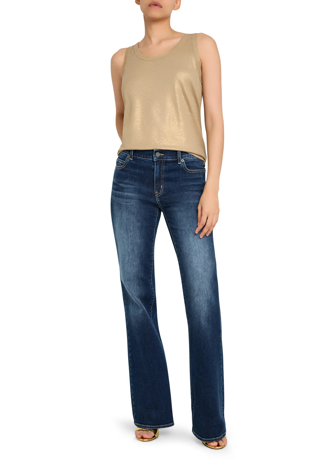 Sleeveless knit top with relaxed silhouette and subtle sheen, ribbed trims, lightweight fabric; front view on model.