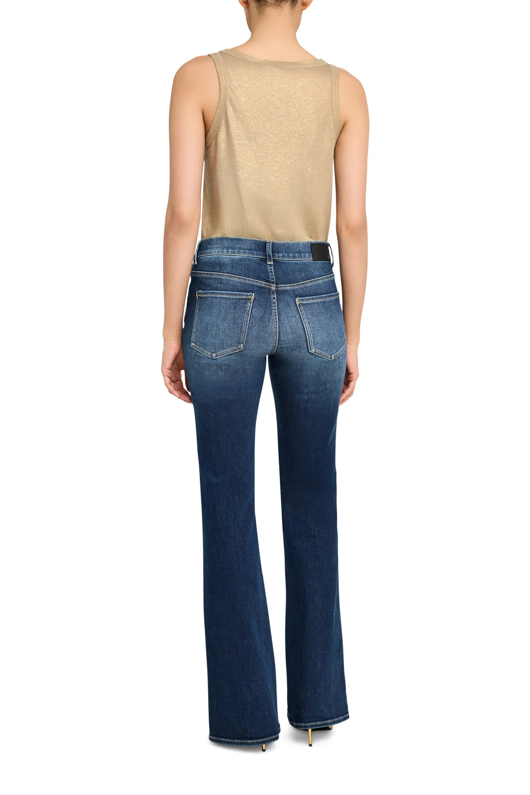 Sleeveless metallic knit top with a relaxed fit and straight hem, subtle foil finish; back view on white.