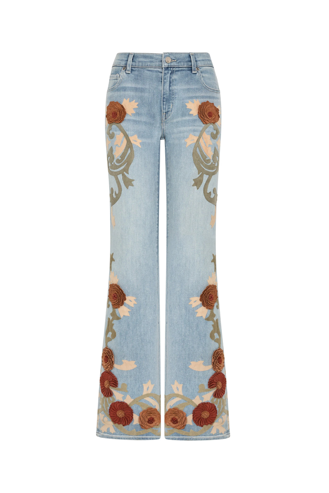 Low-rise wide-leg jeans in cotton denim with vintage wash and hand-embroidered floral appliqué, front view on white.