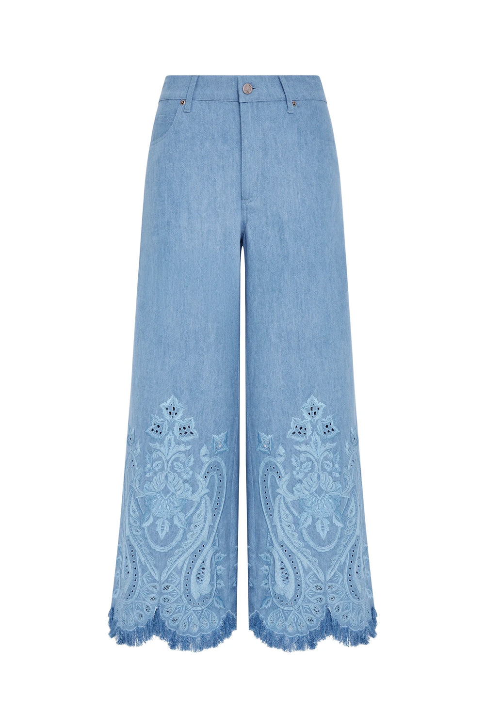 Cropped jean in light blue cotton with hand-embroidered marigold motifs, scalloped fringed hems; front view on white.