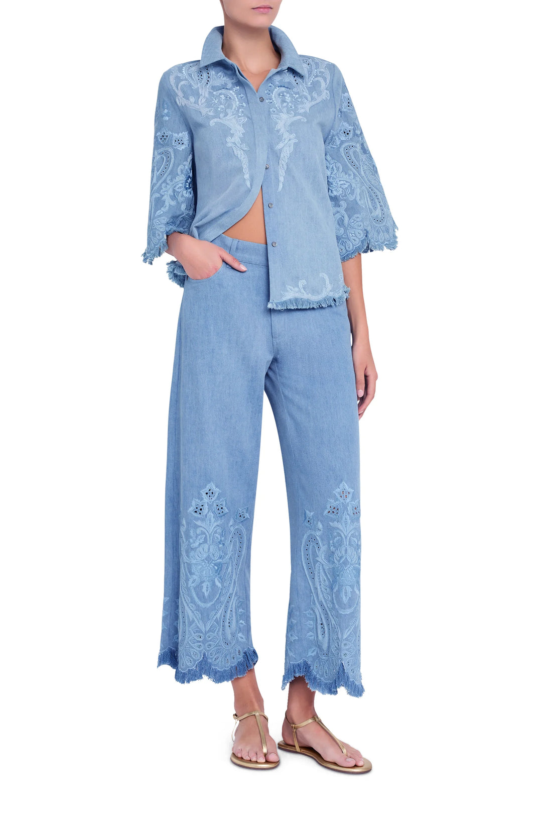 Wide-leg cropped jean with hand-embroidered detail, tailored seams, structured denim; front view on model.