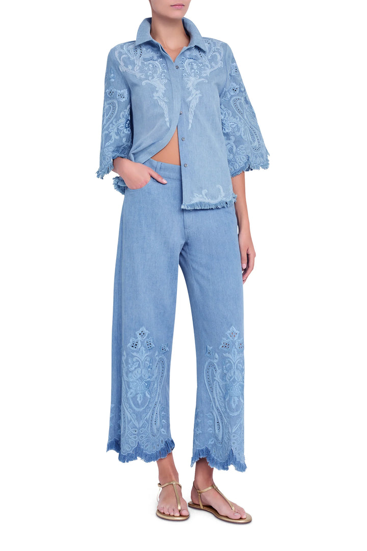 Wide-leg cropped jean with hand-embroidered detail, tailored seams, structured denim; front view on model.