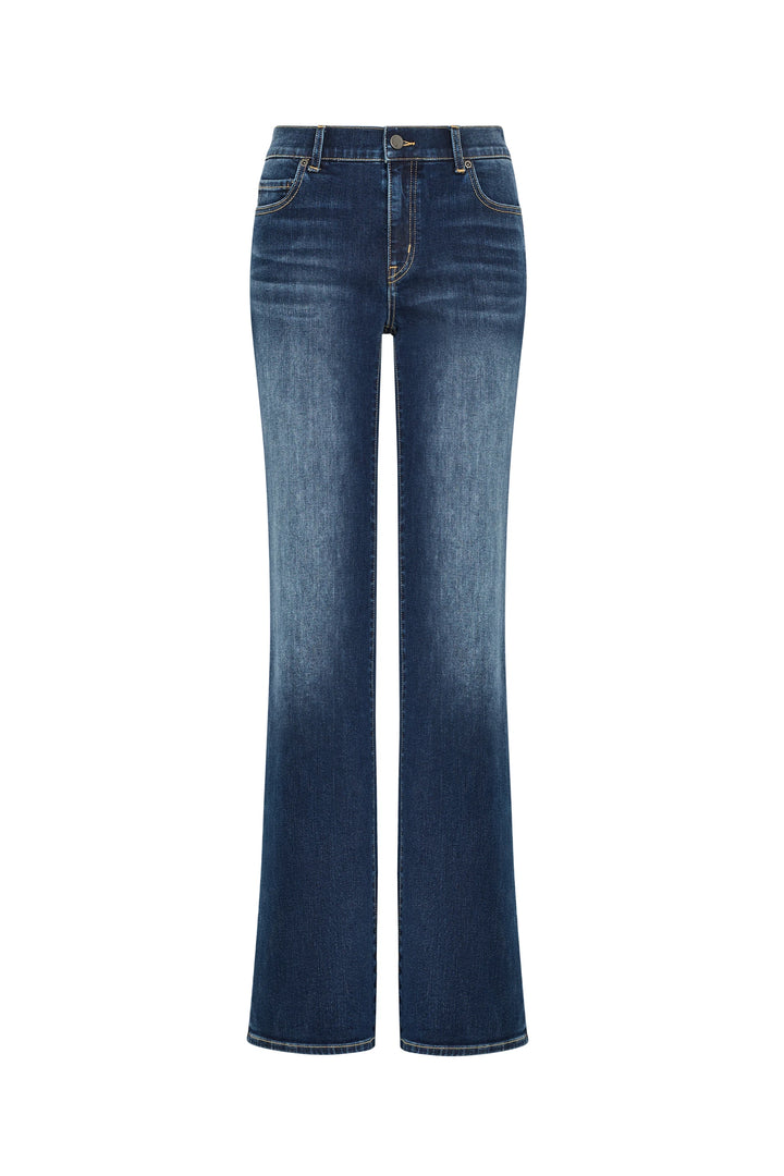 Straight-leg denim jean with classic five-pocket construction and tailored silhouette, front view on white.