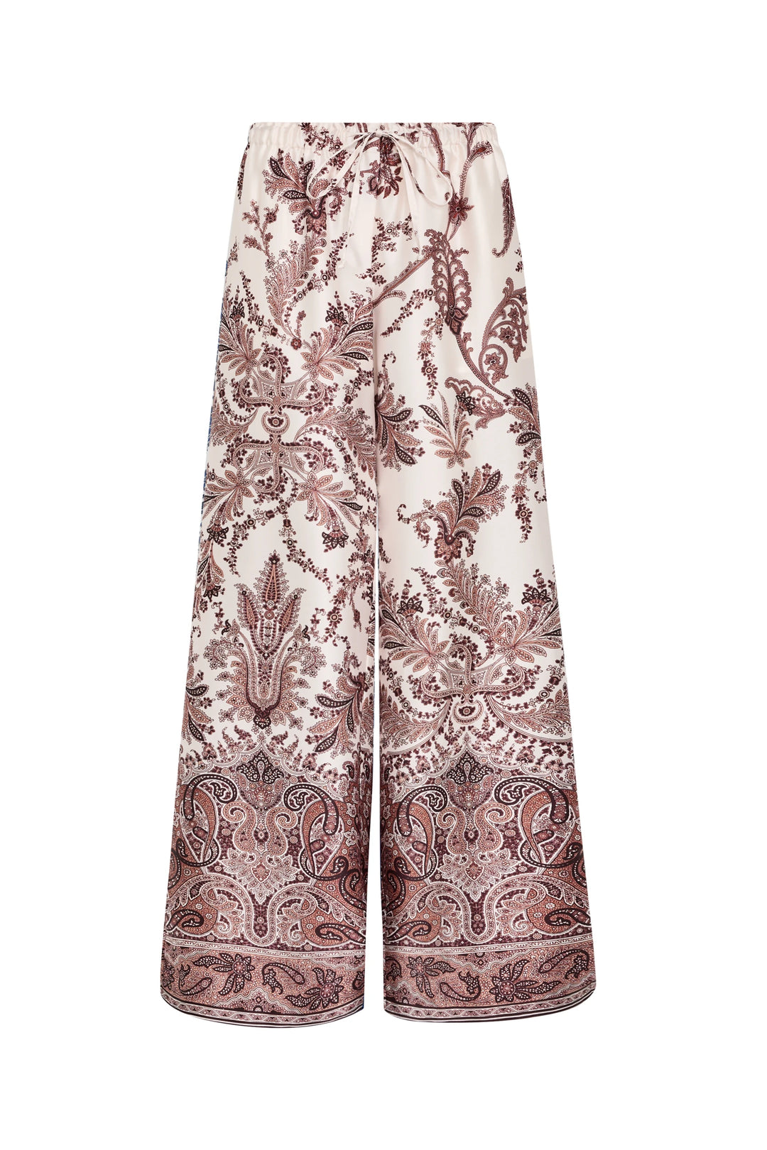 Wide-leg twill pants with elastic waistband and paisley pattern, soft drape and relaxed fit; front view on white.
